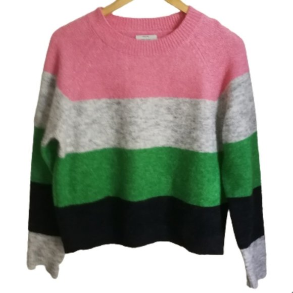 Medium ONLY Oversized Color Block Stripes Wool Crewneck Chunky Knit Sweater - Picture 1 of 12